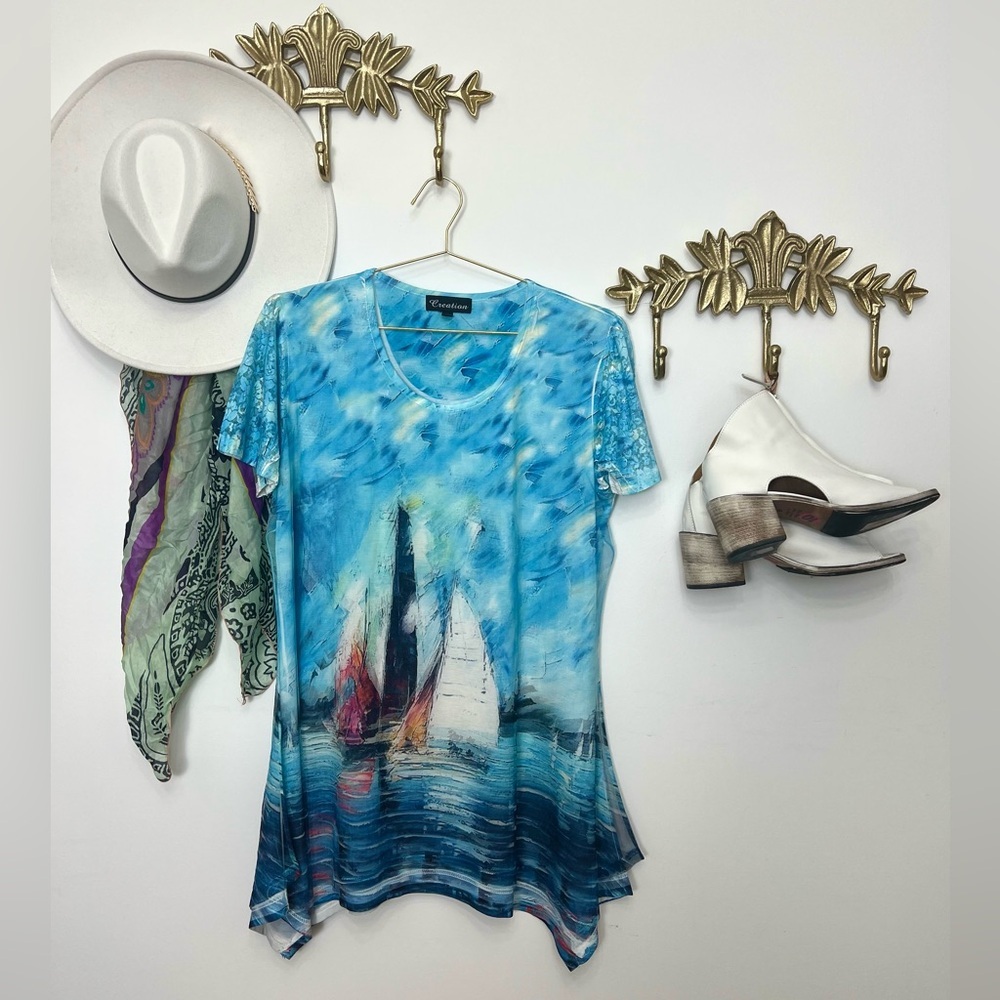 Coastal sailing graphic flowy tunic L Ptp 21”